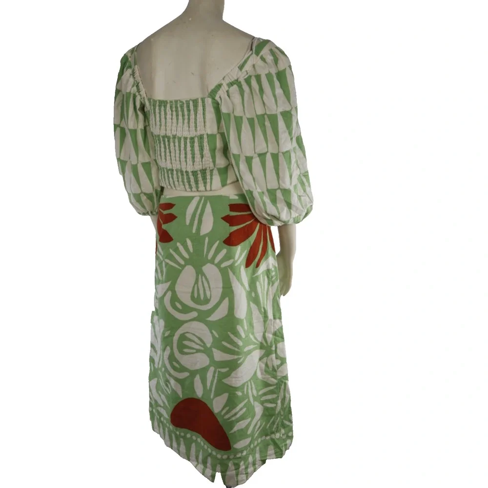 Maison D'Amelie 2pc Matching Set Green Abstract Print Crop Top & Midi Skirt Sz S